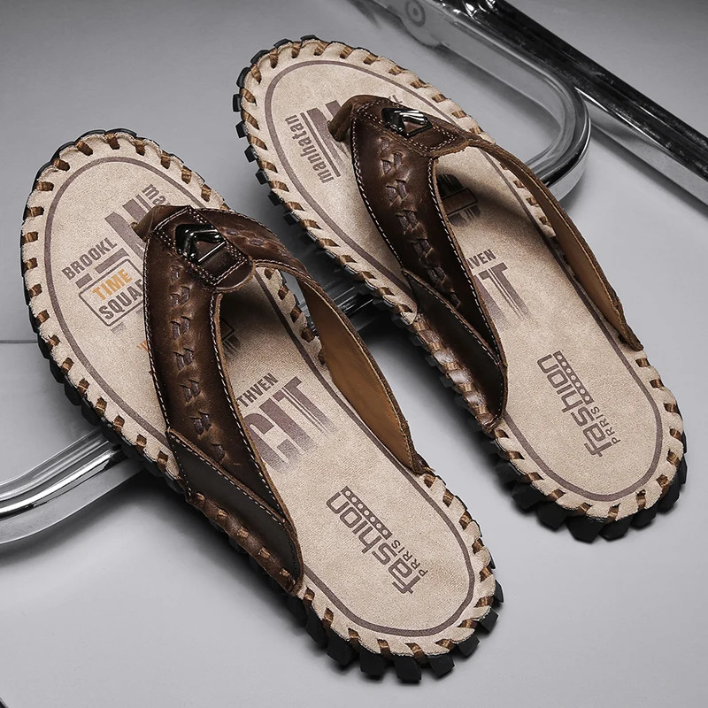 Golden Sapling Beach flap summer mens shoes genuine leather apartment retro mens shoes fashion outdoor slider casual shoes 240615