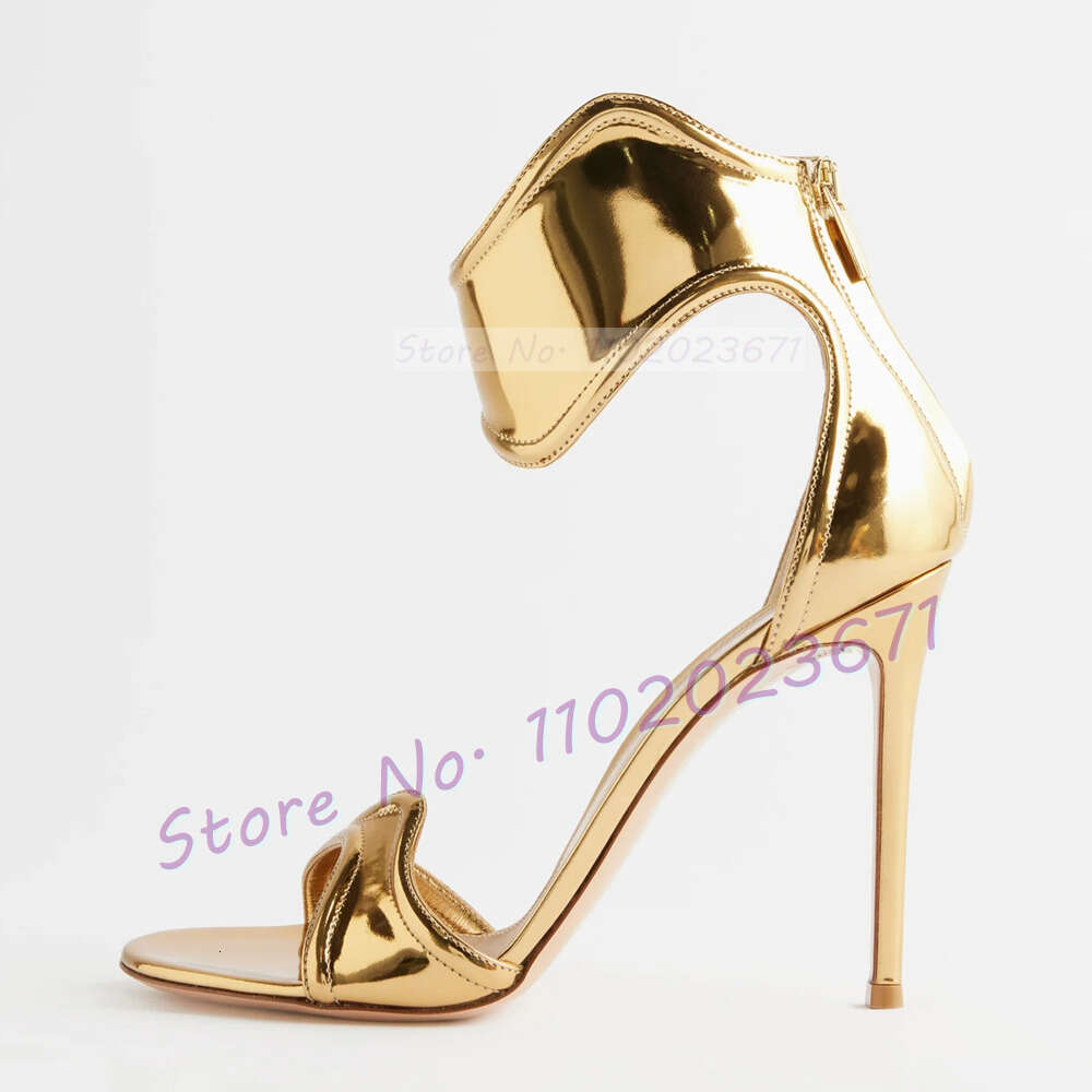 Gold Curved Straps Open Toe Women Mirrored-Leather High Heels Stylish Shoes Ladies Elegant Back Zipper Party Sandals