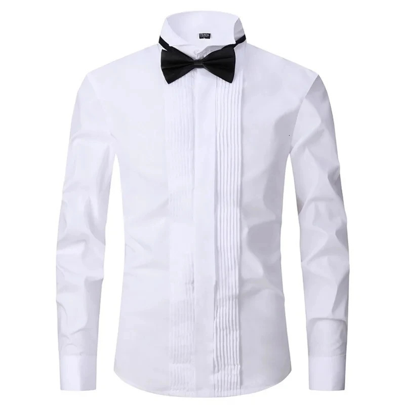 Classic Winged Collar White Dress Shirt For Mens Wingtip Tuxedo Formal Shirts Black Bow Tie Party Dinner Wedding Bridegroom Tops 240601Z