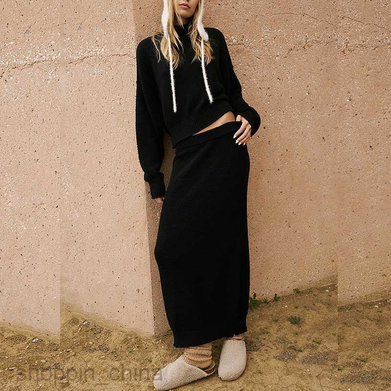 Two Piece Dress Sets Women's Fashion Sexy waist Long sleeved Short Top Temperament Knitted Long Dress Set