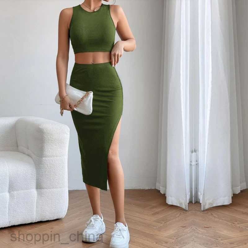 Two Piece Dress Sets Women's sexy suit Crop Tank Top&Split Thigh Skirt