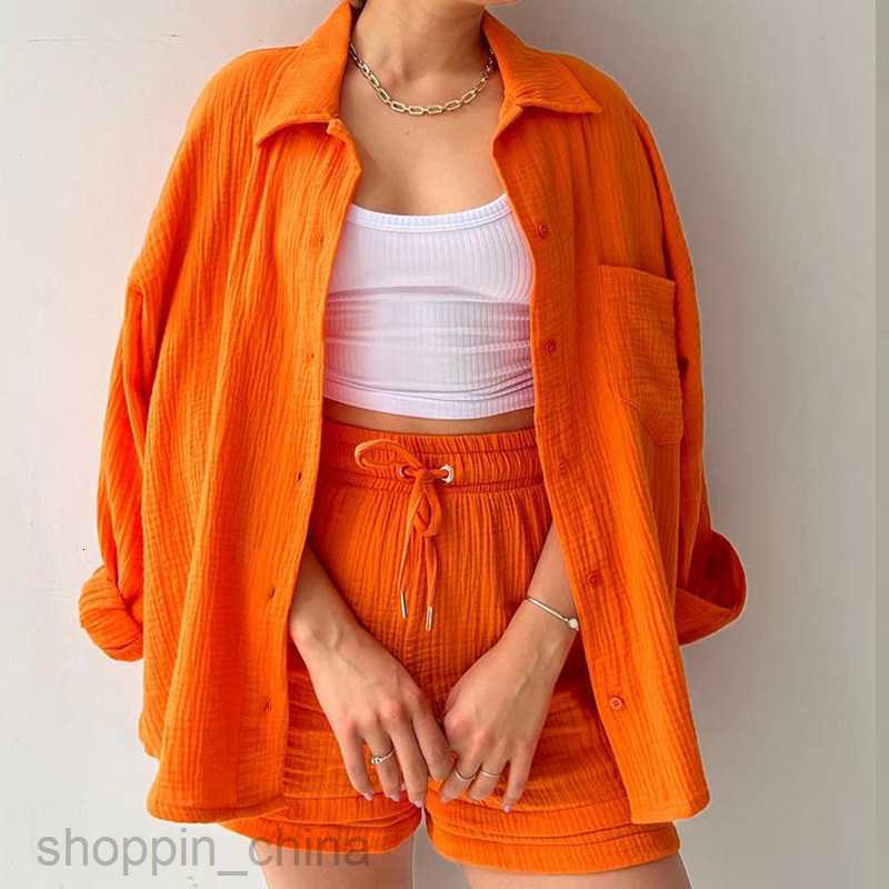 Women's Tracksuits new casual solid color button up shirt jacket drawstring shorts sports two-piece set Sets