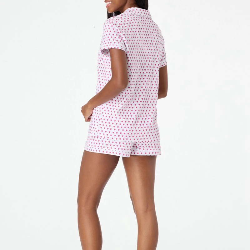 Women 2 Piece Pajama Set Heart Print Short Sleeve Button Up Blouse Tshirt Top Shorts Sleepwear Loungewear for Valentines Day 240601