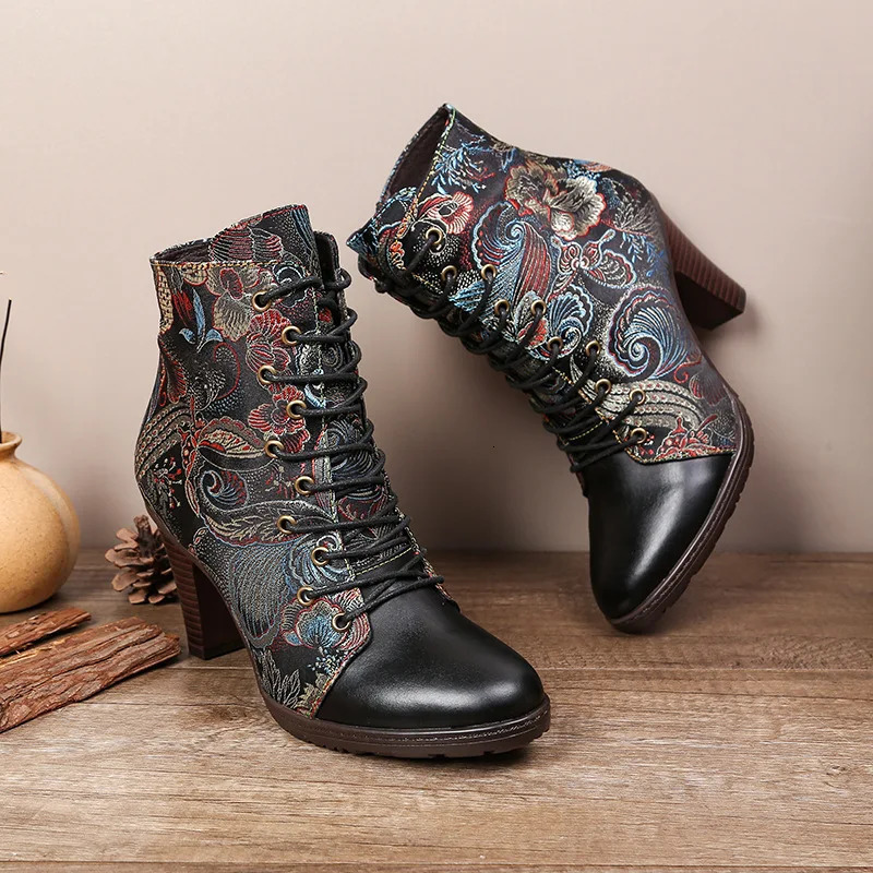 Johnnature Ankle Boots Womens Shoes Leather 2024 Ethnic Style Pointed Toe Handmade Fashion High Heels Modern Boots 240614