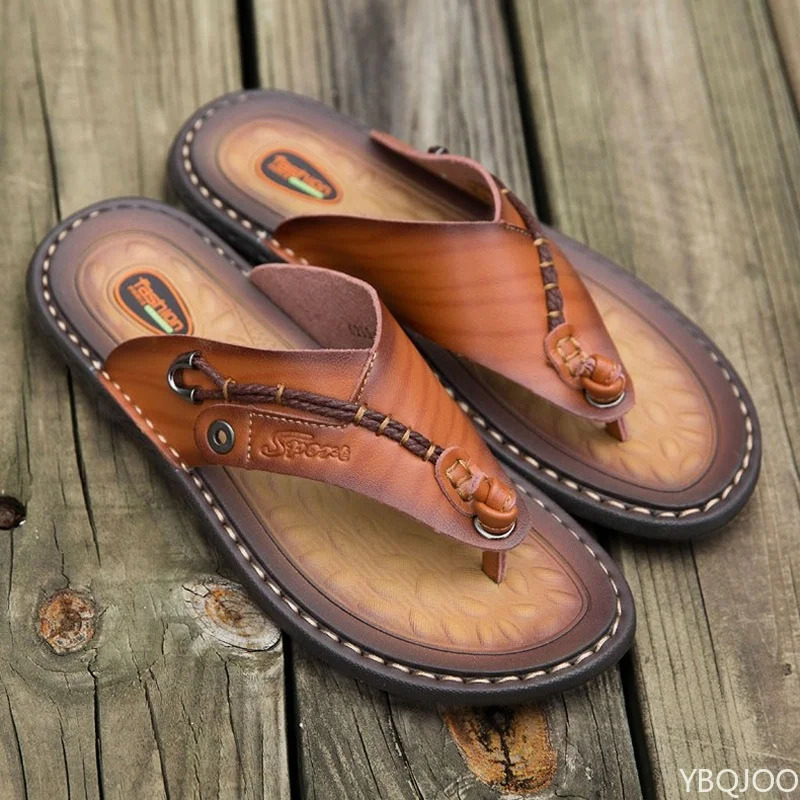 Summer Handmade Leather Slide Fashion Mens Flip Outdoor Breathable and Comfortable Mens Simple Sandals 240615