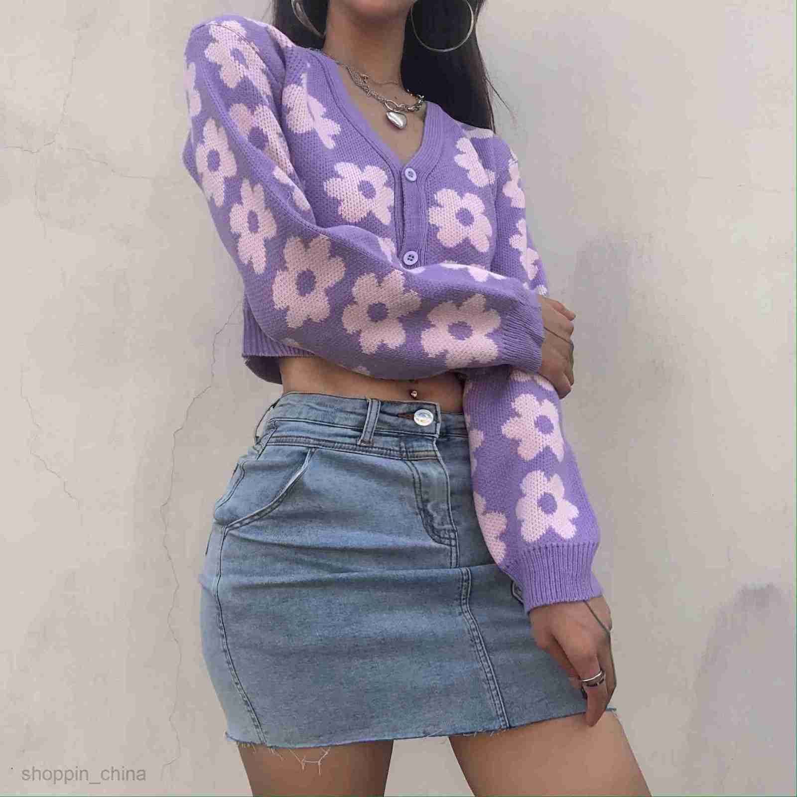 Women's Sweaters elegant flower print V-Neck Sweater Cardigan girl style versatile autumn new sweater coat