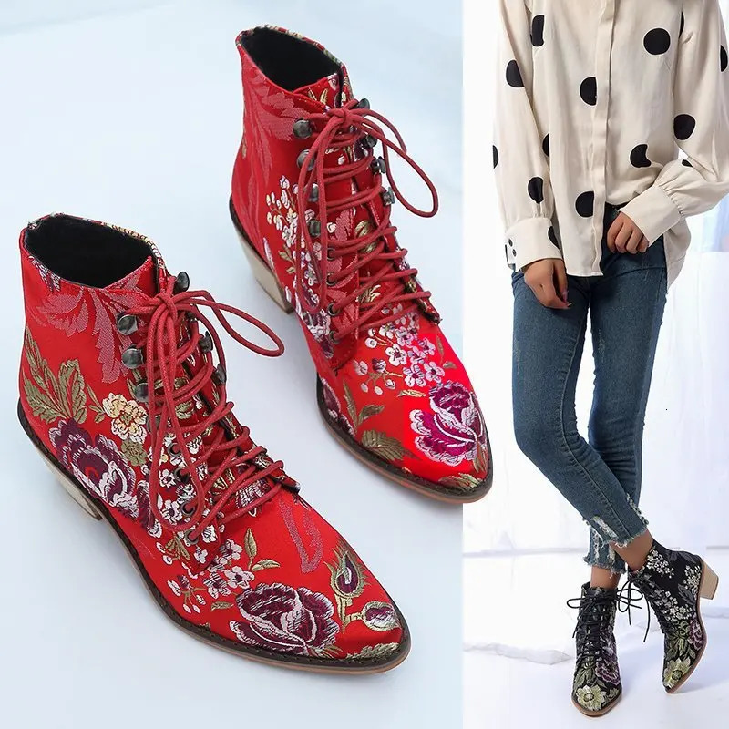 Fashion Retro Womens Boots Embroider Ethnic Ankle Boots Lace Top Corner Flat Shoes Warm Boots Red Black Boots 240614