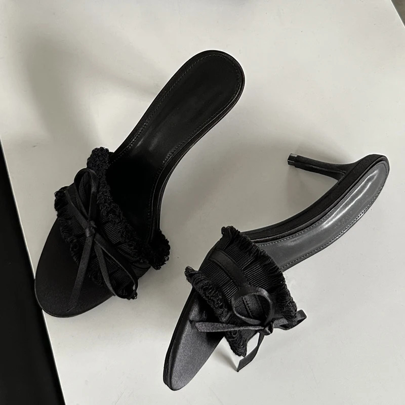 Eilyken Summer Silk Pleated Butterfly-knot Woman Slippers Fashion Thin Heels Party Stripper Ladies Mules Slides Zapatos Mujer 240615
