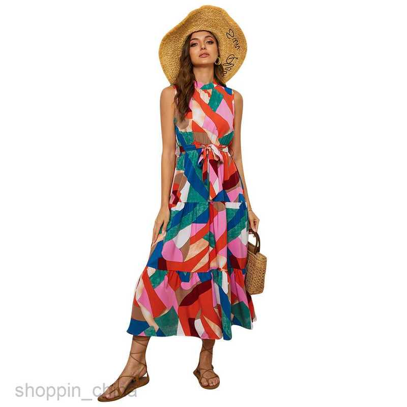 Basic Casual Women Dresses Women's summer collar print A-line Bohemian vacation style sleeveless dress for women JR2286