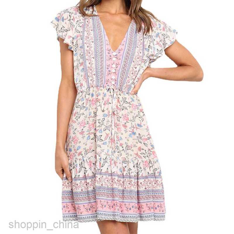 Basic Casual Women Dresses Summer Women's Fashion V-neck Short sleeved Positioned Printed Lace up Cotton Dress JR1266