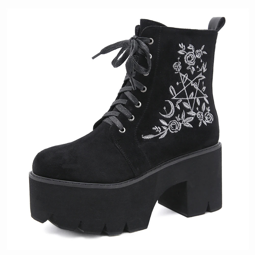 Gdgydh Womens Black Side Zipper Combat Boots Fashion Lace Up Boots Platform Flower Embroidery Details Goth Shoes 240614