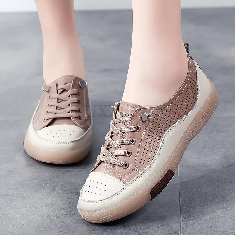 Women Flat Shoes Summer Breathable Cutout Casual Shoes Ladies Soft Bottom Genuine Leather Flats White Shoes Woman 240619
