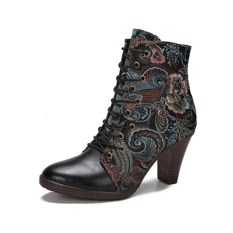 Johnnature Ankle Boots Womens Shoes Leather 2024 Ethnic Style Pointed Toe Handmade Fashion High Heels Modern Boots 240614