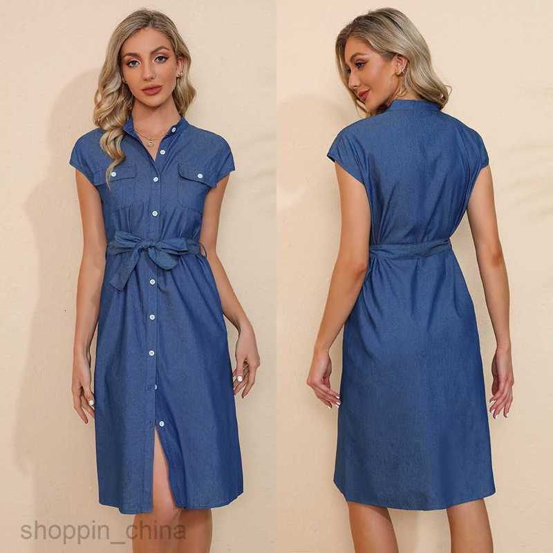 Basic Casual Women Dresses Summer Women's Stand up Neck Minimalist Style Slim Tie up Denim Sleeveless Dress JR60003