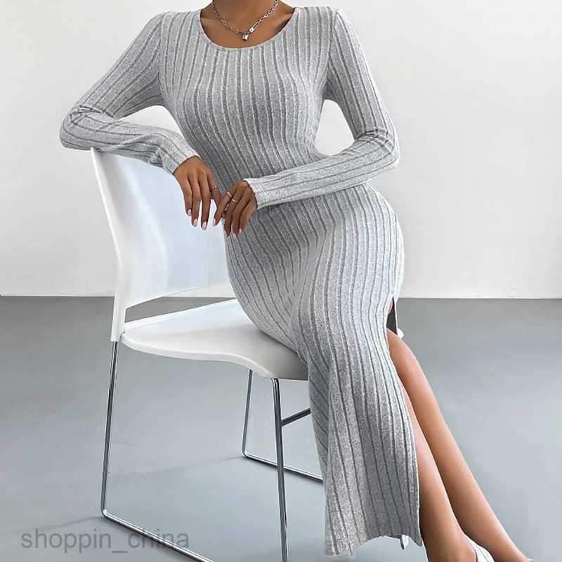 Basic Casual Women Dresses New Long sleeved Round Neck Split Knitted Long Dress PG2469