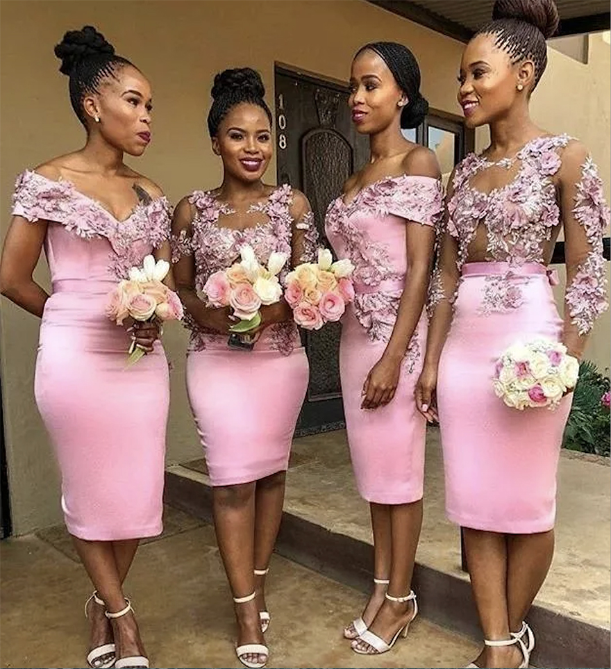 Pink African Bridesmaid Dresses Sexy Sheath Off Shoulder Knee Length Flowers Prom Evening Gown Formal Party Wedding Guest Wear