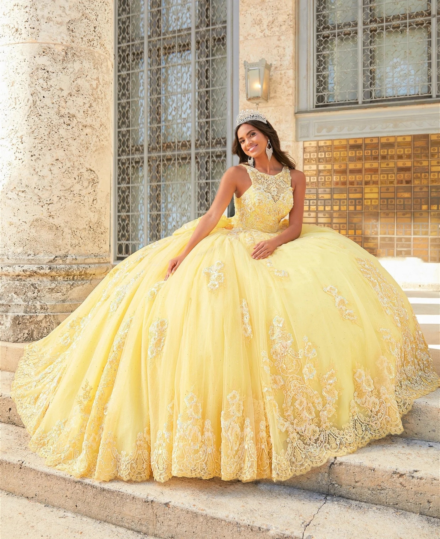 Yellow Mexican Quinceanera Dresses Ball Gown Sheer Sparkly Tulle Appliques Puffy Charro Sweet 16 Dresses 15 Anos
