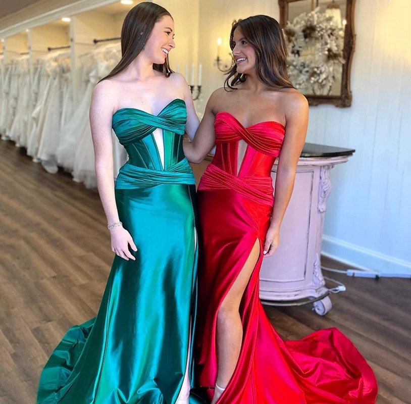 2024 Fuchsia Satin Mermaid Evening Dresses Pleated Sexy High Slit Fishtail Long Formal Birthday Party Gowns Prom Dress Robe De Soiree