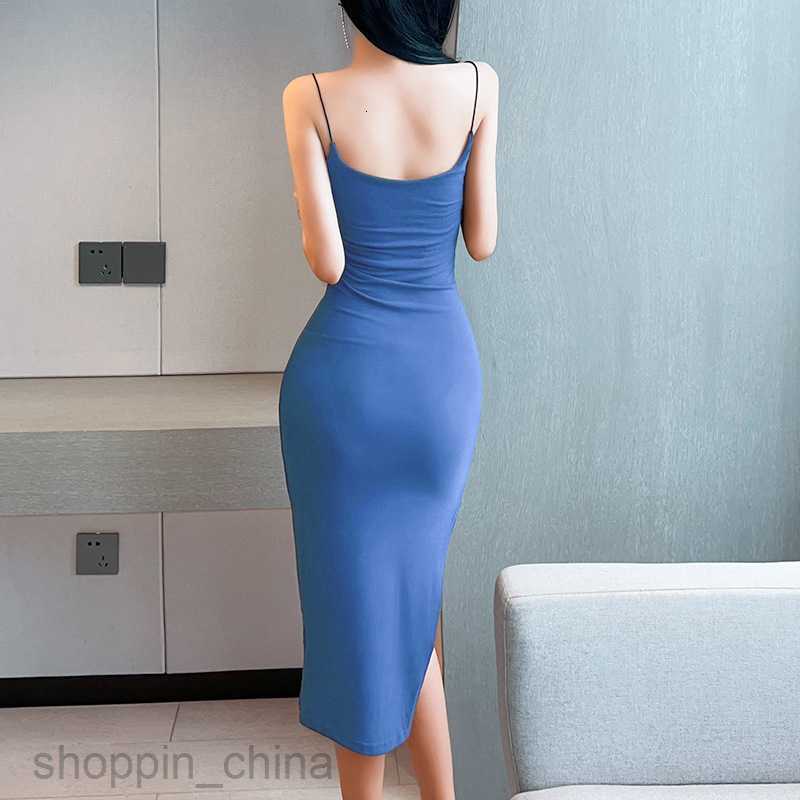 Basic Casual Women Dresses Women's suspender slit sexy pure desire slim solid color mid length dress PG3038