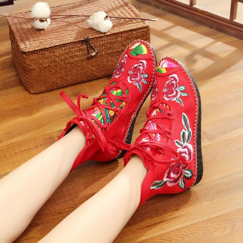Retro floral embroidery womens canvas boots hidden wedge high heels womens platform shoes comfortable boots retro boat De Mujer 240614