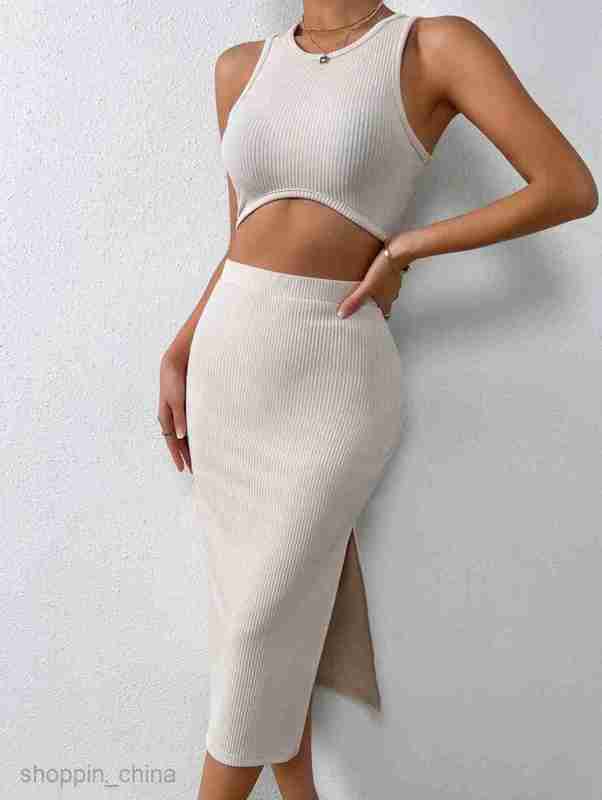 Two Piece Dress Sets New Women's Slim Knitted Wrapped Hip Skirt Style Two Piece Set Autumn waist One Step Skirt