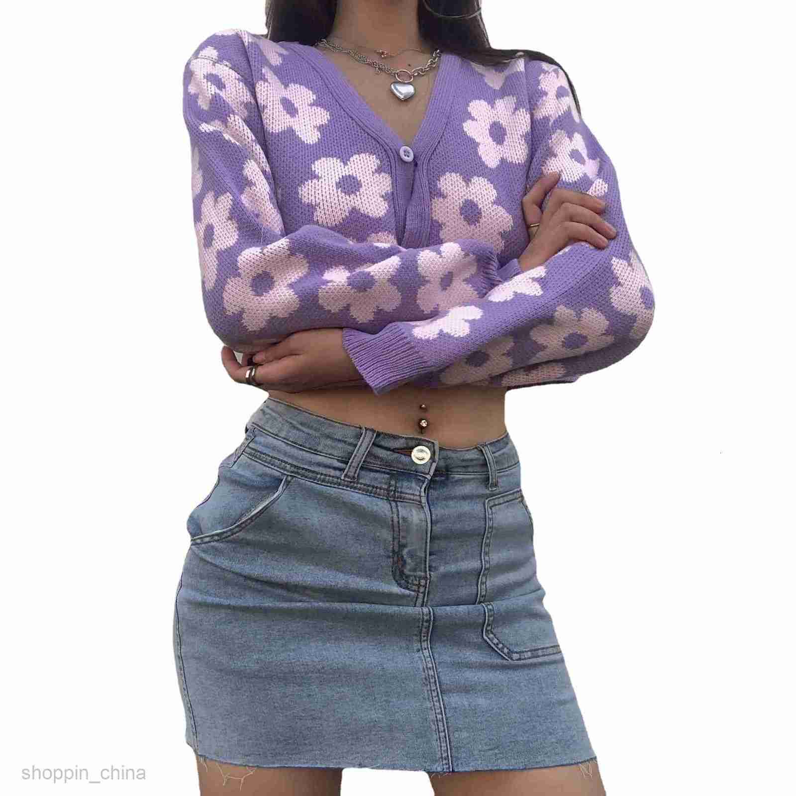 Women's Sweaters elegant flower print V-Neck Sweater Cardigan girl style versatile autumn new sweater coat