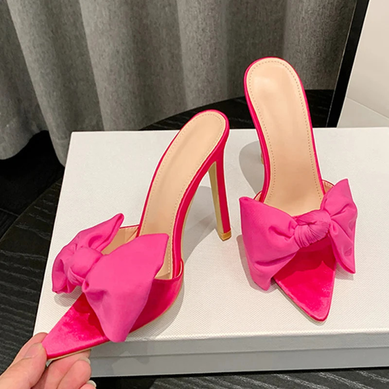 Liyke Sexy Pointed Toe Mules High Heels Slipper Female Summer Party Banquet Shoes Fashion Butterfly-knot Women Slides Sandals 240615