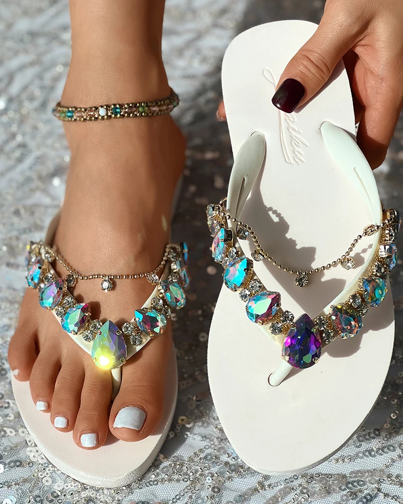 Summer Shoes Fashion Casual Skating Beach Clothing Elegant Gemstone Chain Decoration Flip Sandals Womens Ete 240615