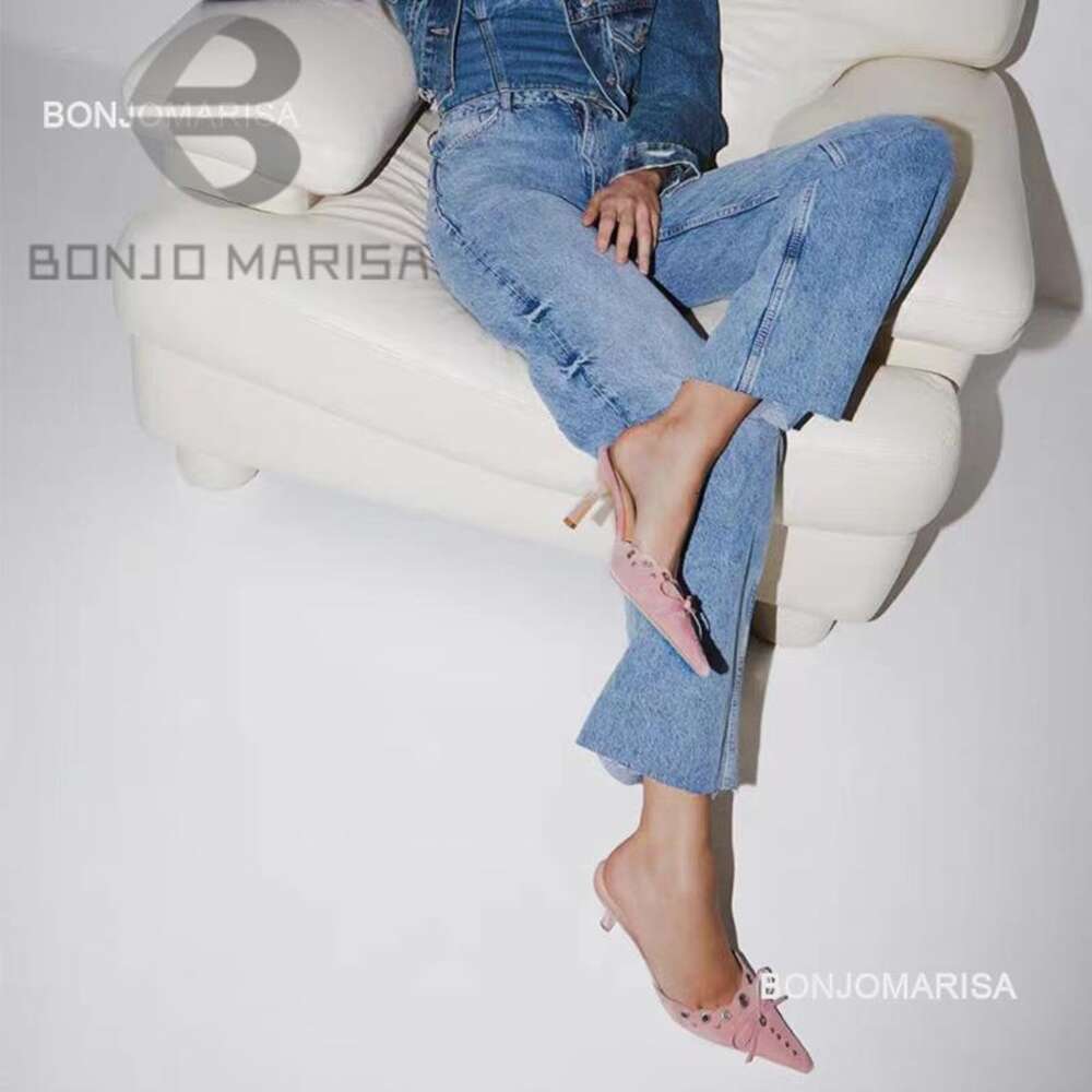 Bonjomarisa Pointed Toe Mules For Women Bowknot Elegant Heels Spring Fashion Stiletto Flock Sandal Slip On Comfortable Shoes