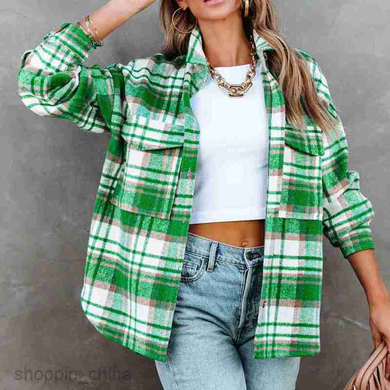 Women Jackets Coats New Checkered Casual Loose Pocket Long sleeved Coat PG2718