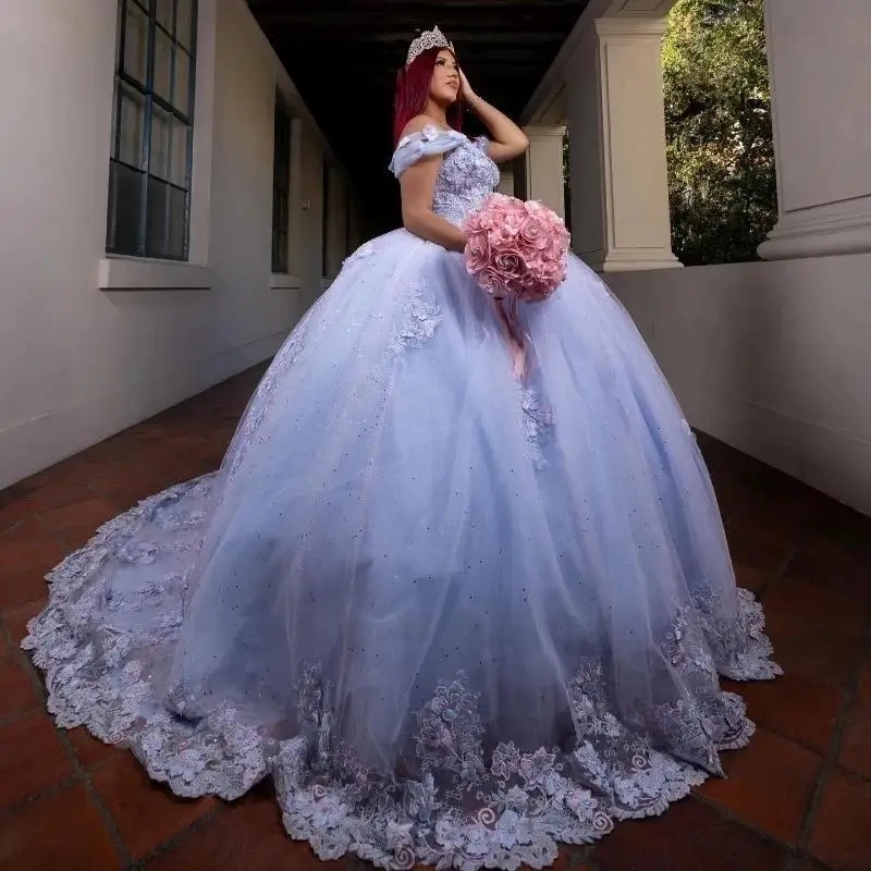 Mexican Sky Blue Off Shoulder Quinceanera Dress Ball Gown 3D Flowers Lace Applique Beading Tull Sweet 16 Vestido De 15 Anos