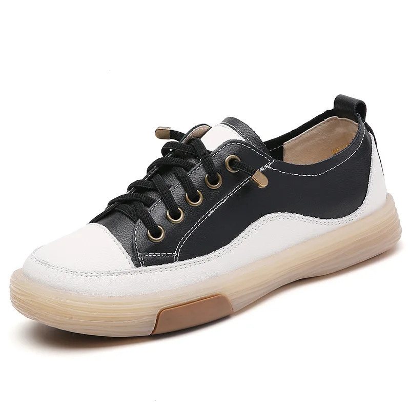 Genuine leather womens soft soled walking shoes womens student patchwork sports shoes white and black apartments womens casual skateboarding es summer