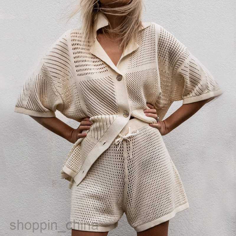 Women's Tracksuits New casual short sleeved V-neck hollowed out shirt shorts, solid color sports two-piece set for girls Sets