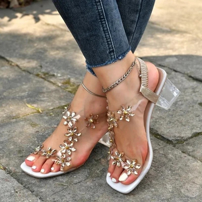 Summer Womens Sandals Fashion Womens Sparkling Flowers Rhinestone Transparent Root Open Toe Sandals Womens Shoes 240615