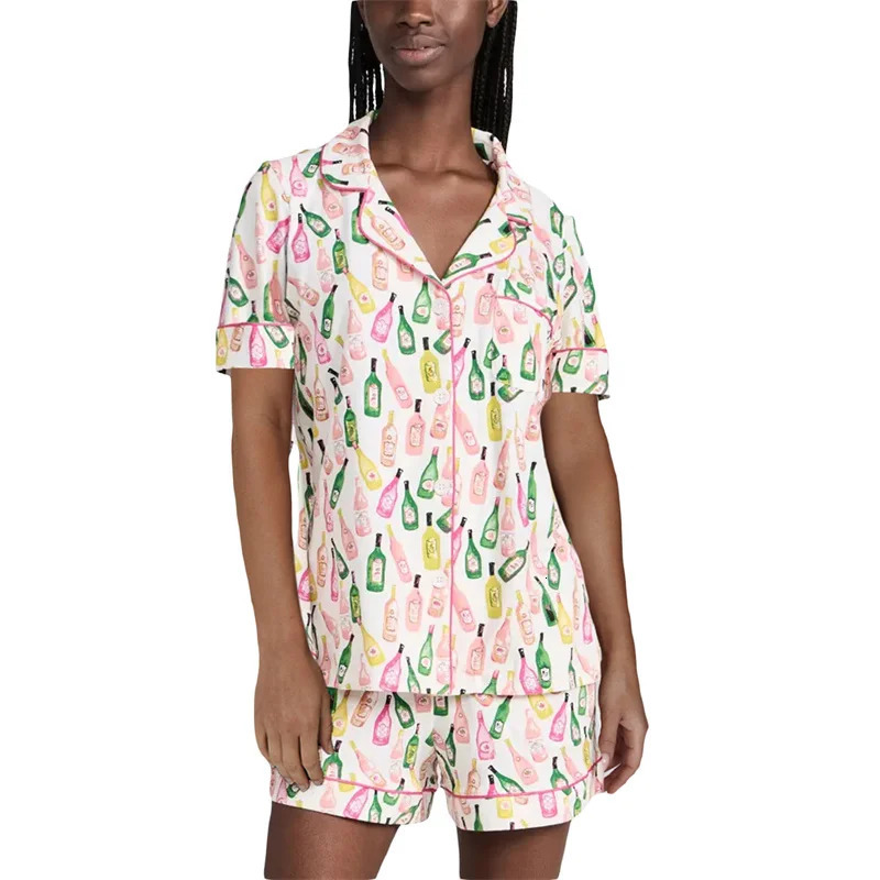 Wine Bottle Pajamas y2k Clothes Women Lapel Neck Single Breasted Short Sleeve Shirt Top and Shorts 2000s Loungewear Sleepwear 240601