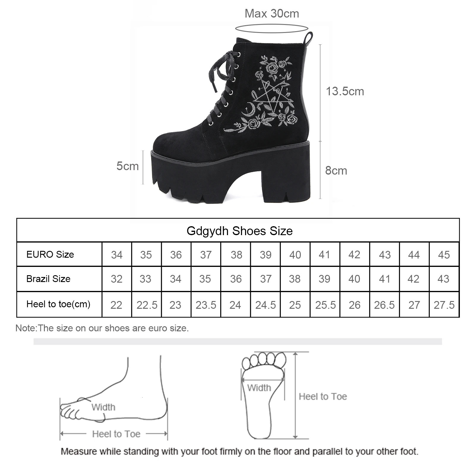 Gdgydh Womens Black Side Zipper Combat Boots Fashion Lace Up Boots Platform Flower Embroidery Details Goth Shoes 240614