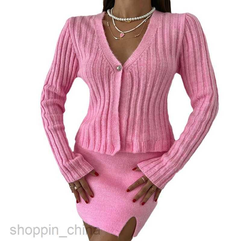 Two Piece Dress Sets New Spicy Girl Pink Set Trendy Solid Color Long sleeved Short Skirt Two piece Set for Autumn and Winter