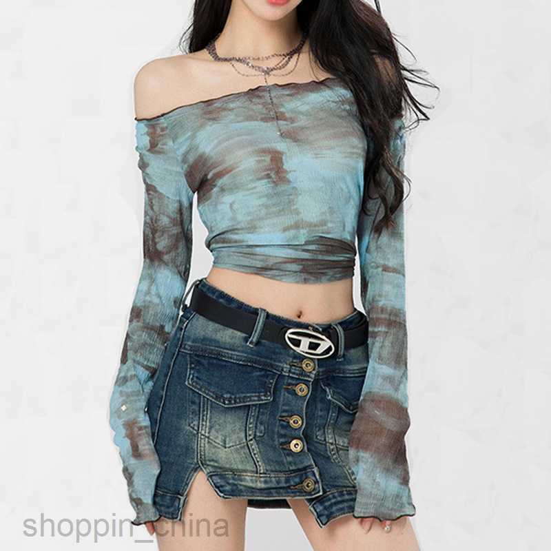 Women's T Shirt Sweet and Spicy Tie Dyed One Shoulder Printed Long sleeved T-shirt Top for Women PG2816 tees