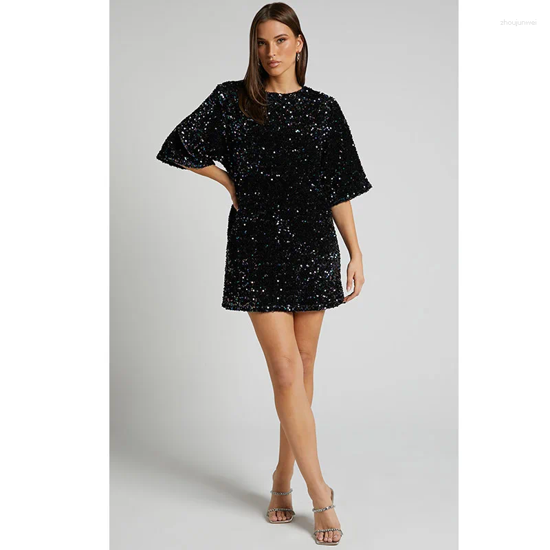 Party Dresses Women Sexy Sequins Dress Large Size Backless Lace Up Round Neck Female Causal Fashion Club Pullover Elegant Short Cloth