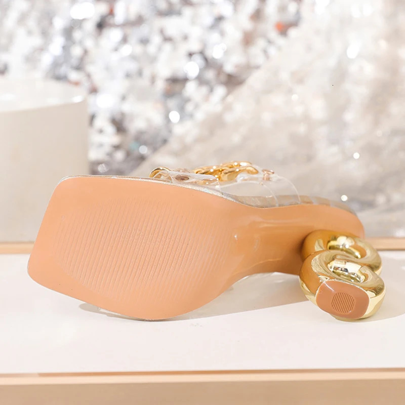 Liyke Style Chic Strange Fretwork Heels Modern Slippers PVC Transparent Shoes Women Slides Fashion Metal Chain Summer Sandal 240615