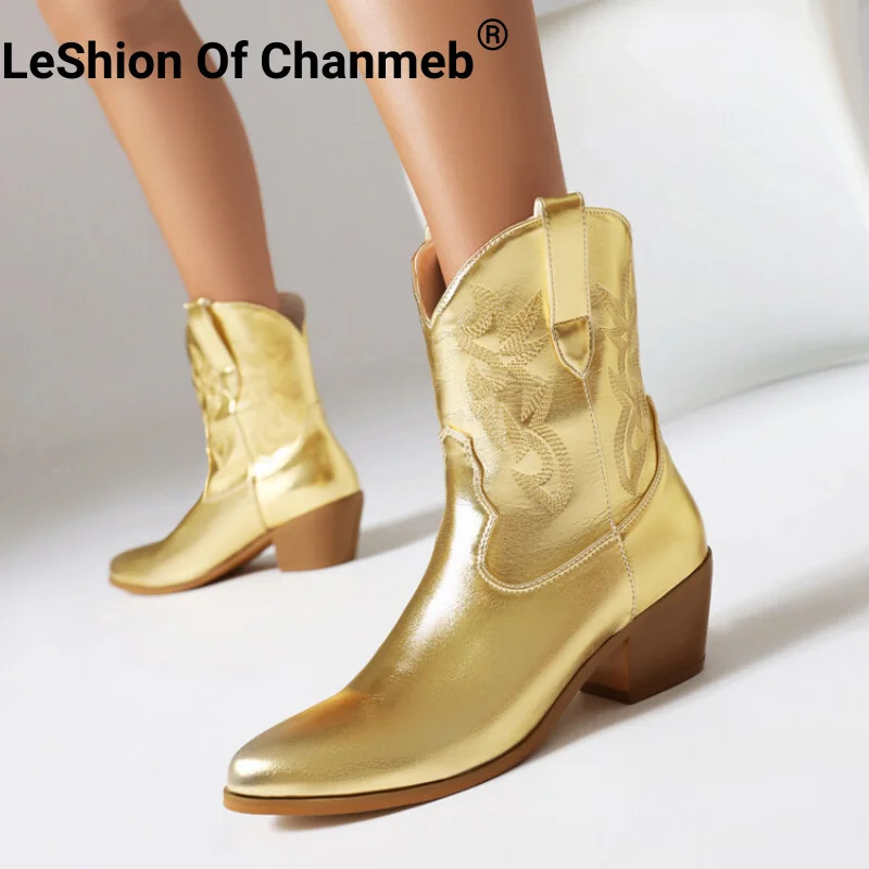 LeShion of Chanmeb Large 49 50 Western Cowboy Boots Gold Silver Pink Square High Heels Slippery Cowboy Boots Autumn Winter Shoes 240614