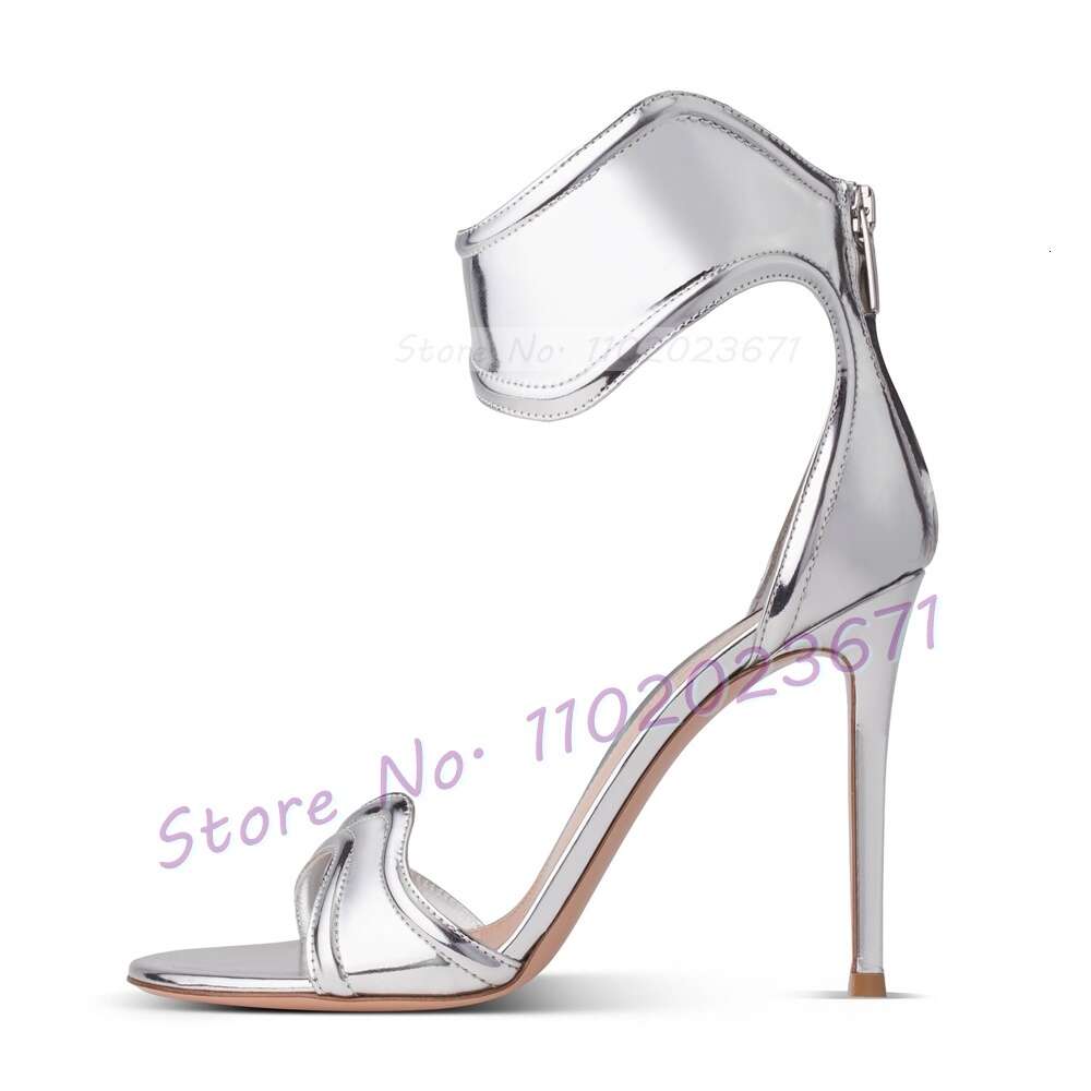 Gold Curved Straps Open Toe Women Mirrored-Leather High Heels Stylish Shoes Ladies Elegant Back Zipper Party Sandals
