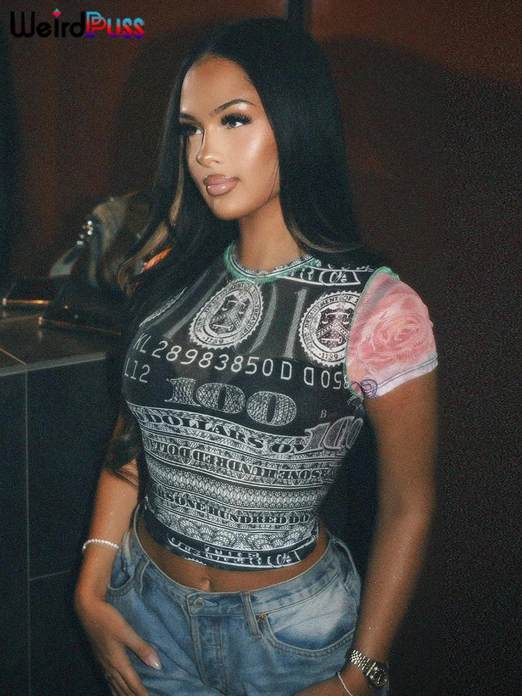 Weird Puss See Through Crop Tops Women Numeral Print Short Sleeve ONeck Sexy Club Patchwork Streetwear Skinny Girls Tees 240601
