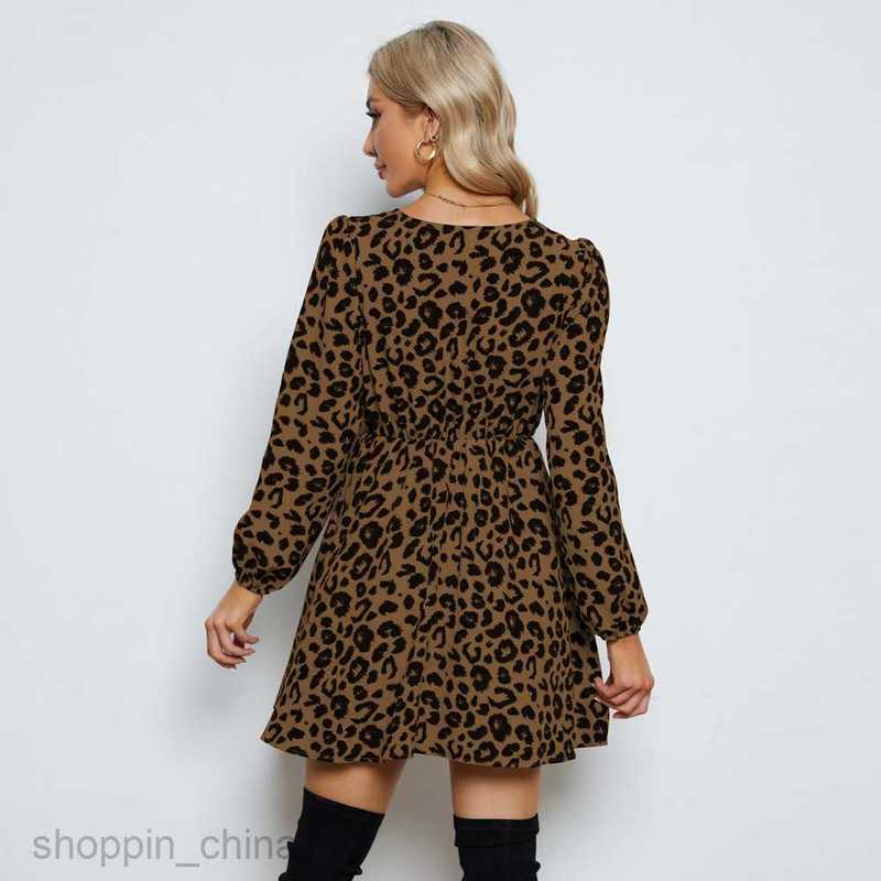 Basic Casual Women Dresses Spring New Sexy V-neck Leopard Print Long sleeved Women's Dress JR2274