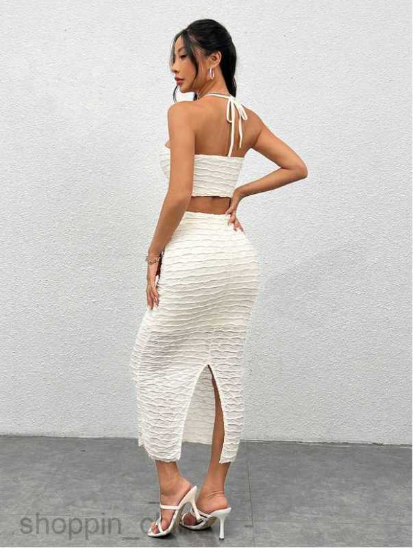 Two Piece Dress Sets Sexy Spicy Girl Drop Top Half Skirt Set Crop Top&Split Thigh Skirt