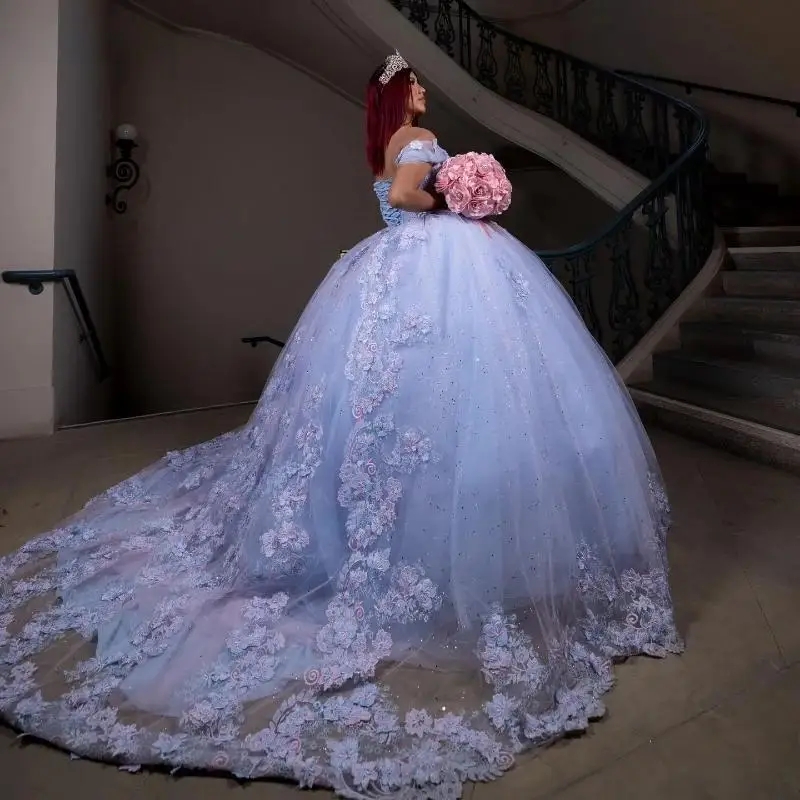 Mexican Sky Blue Off Shoulder Quinceanera Dress Ball Gown 3D Flowers Lace Applique Beading Tull Sweet 16 Vestido De 15 Anos