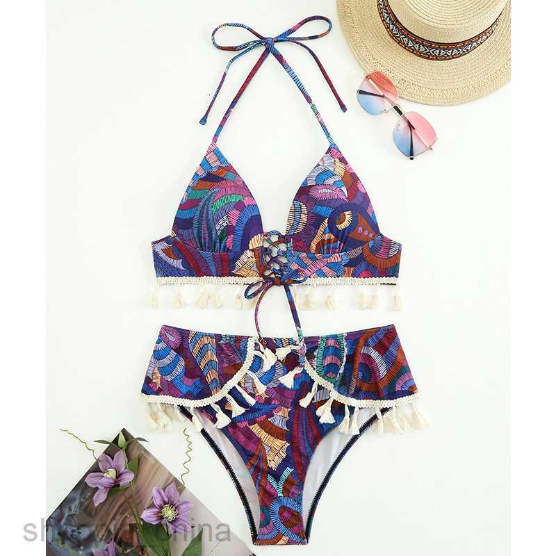 Women's Sexy Swimwear New Printed Style Hanging Neck Strap Tassel Bikini female Swimwear Fashion Swimwear