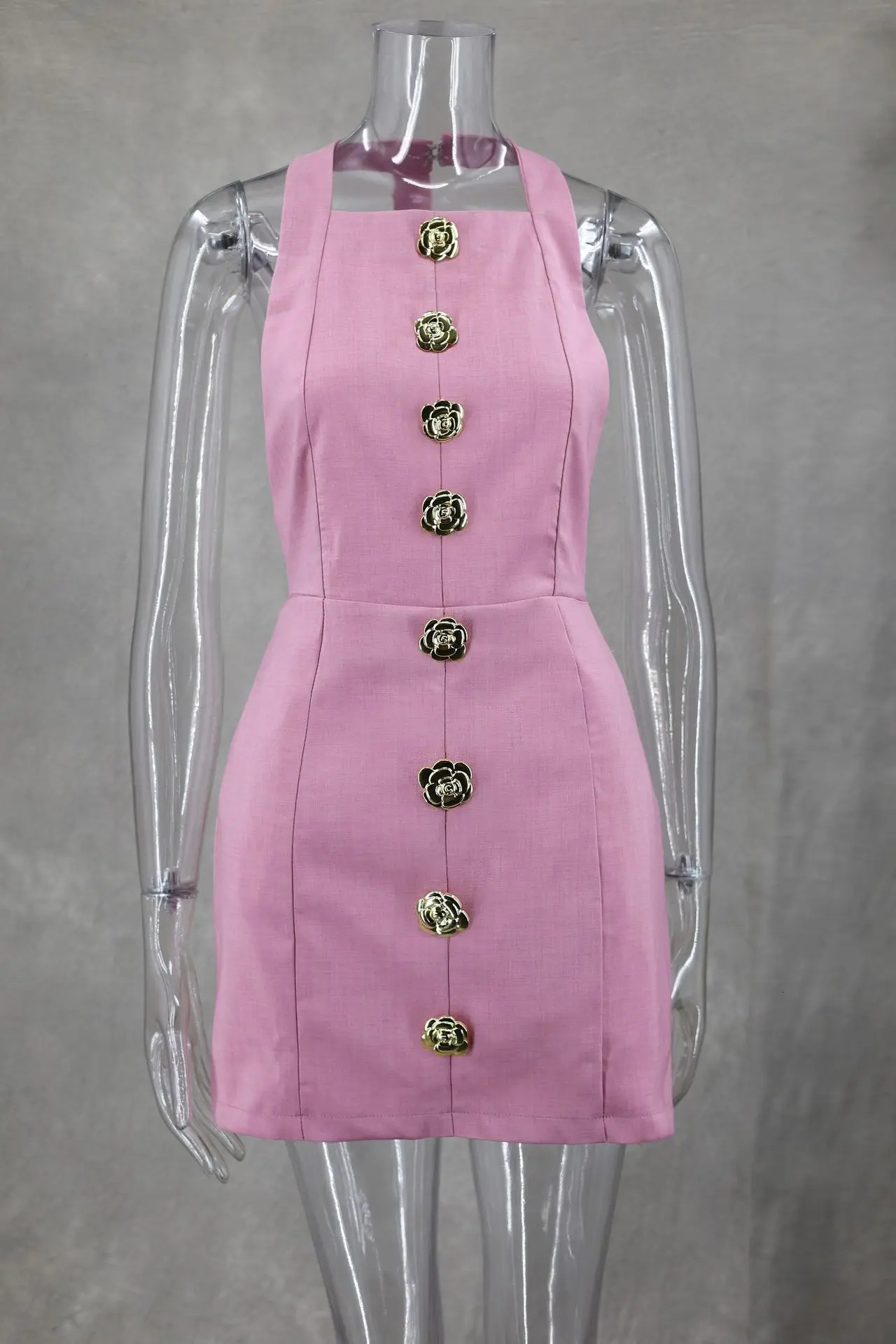 Summer Elegant Lady Pink Dresses Sexy Halter Hallow Out Backless Mini Dress For Women Sleeveless Party Female Vestidos 240615