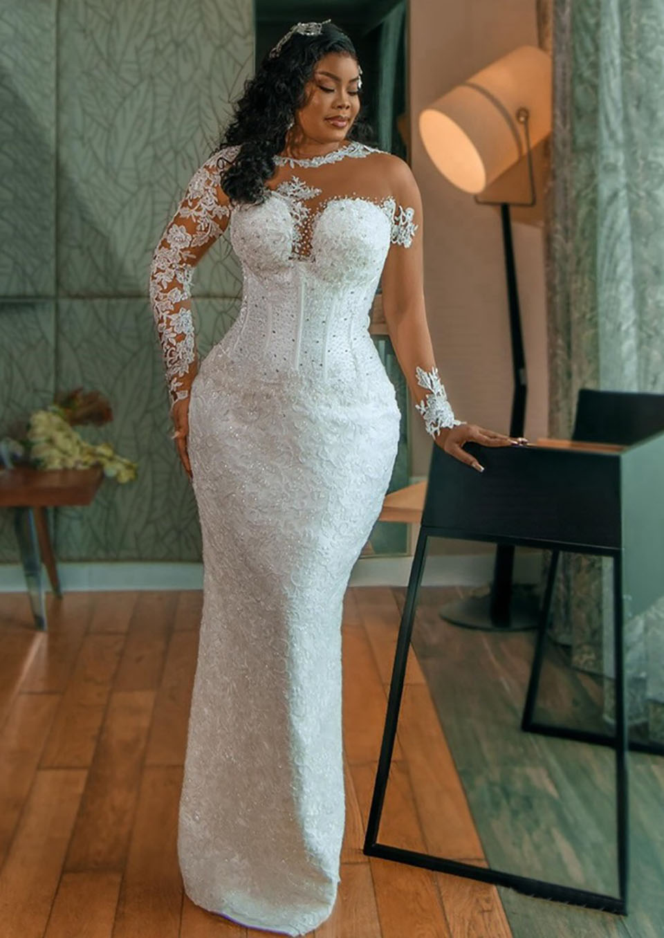 White Wed Dresses Wed Ivory Bridal Gowns Wedding Dresses Mermaid Trumpet O-Neck Long Sleeve Satin Applique Beaded Custom Zipper Lace Up New Illusion D