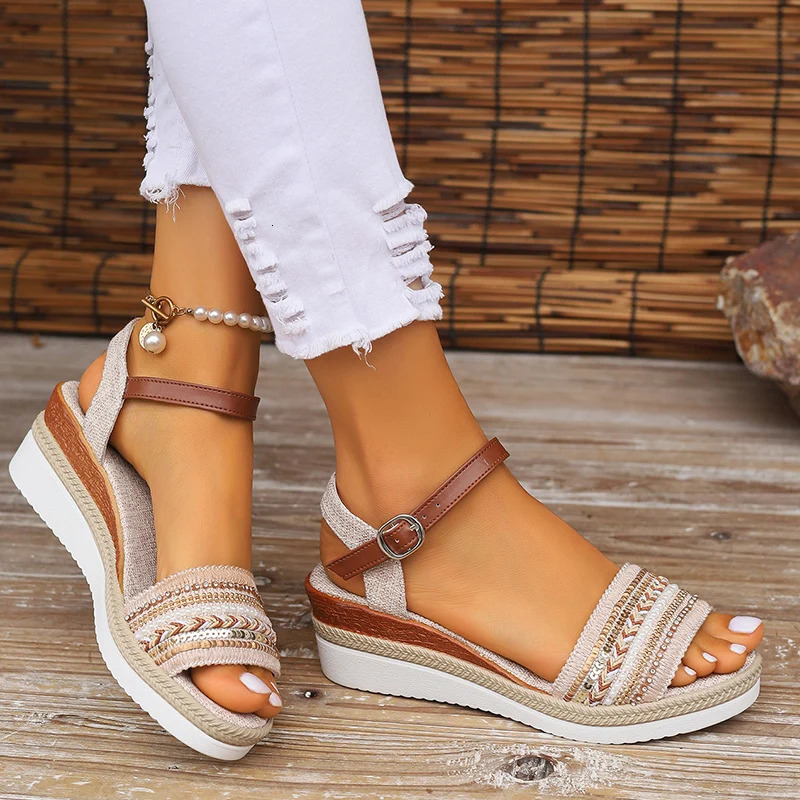 Womens Braided Casual Sandals Buckle Strap Platform Wedge Sandles for Women Summer Light Non Slip New Walking Sandalias Mujer 240615